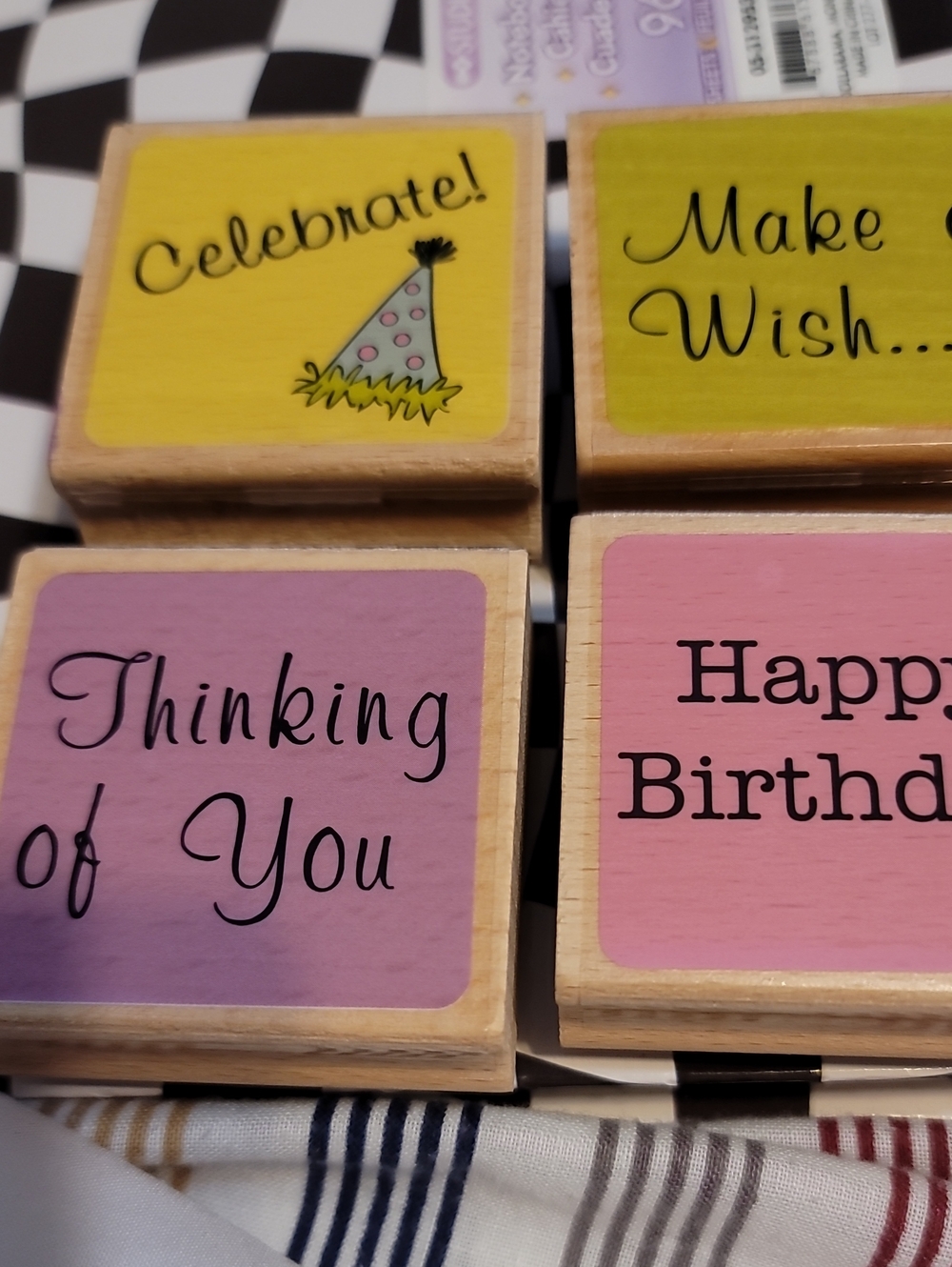 Set Of 5 Phrases, Square Wooden Rubber Stamps